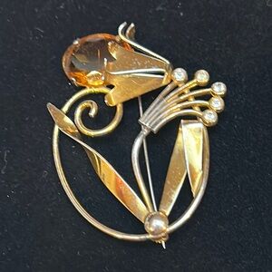 Sterling Vermeil Naturalist Large Gold Rhinestone Floral Brooch